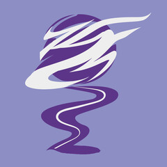 Abstract purple planet with swirling white bands and reflection. Minimalist cosmic orb design with flowing lines on a monochrome background.
