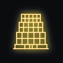 Neon sign of an office building glowing yellow against a black background