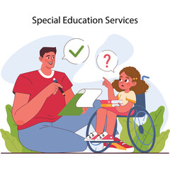 Teacher Holds Pen And List While Speaking With Young Girl In Wheelchair Asking Questions With Red...