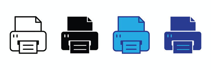 Set of printer icons in different colors and styles isolated on white background