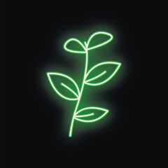 Green neon sign depicting a plant with leaves growing upwards on a black background