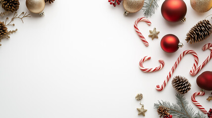 Festive Christmas decorations including candy canes, ornaments, pinecones, and pine sprigs border a clean space.