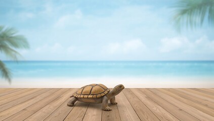 Obraz premium Sea turtle souvenir on wooden surface with pale blue background