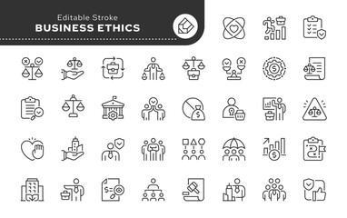 Business ethics line icon set. Moral standards, values, principles, honesty, fairness, trust, equality, compliance, anti-corruption, responsibility. Outline icon in linear style. Vector collection.	