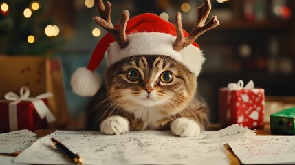 Cute small kitten wearing santa hat