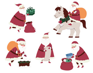 A set of Santa Clauses in vector on a white background. New Year and Christmas set with cute Santa Clauses, gifts, a chimney, a wish list, and Santa on a horse. Cute Santa Clauses in various poses.