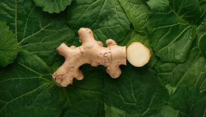 Fototapeta premium Ginger root with a sliced piece and green leaves on a textured surface, beneficial ingredient for health
