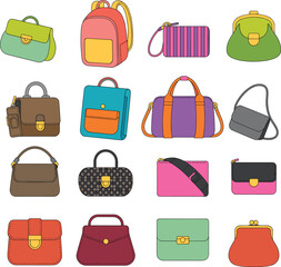 Handbag collection, fashion accessories, stylish purses, trendy bags, colorful clutches, shoulder bags, backpack styles, cad drawing flat vector illustration