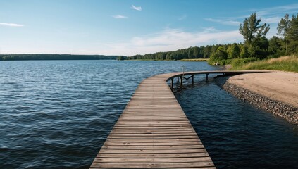 Fototapeta premium Empty wooden dock over calm blue water with gentle ripples. Aerial perspective of a lake or river surface. Water pattern close-up.