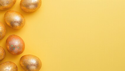 Golden decorated eggs for Easter set against a vibrant yellow backdrop, suitable for seasonal greeting designs