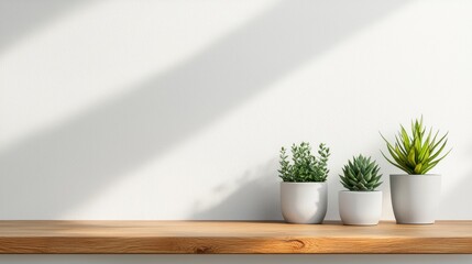 Botanical Trio on Wooden Shelf: A close-up view presents a trio of vibrant potted plants, arranged elegantly on a warm wooden shelf with minimalist simplicity. 