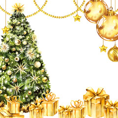 watercolor Christmas tree with golden Christmas baubles, balls, stars, hand drawn sketch of green fir branches with Christmas tree toys, golden gifts, party garland, winter event, party illustration