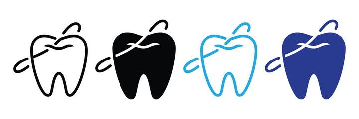 Four stylized teeth icons in black, white, blue, and dark blue isolated on white background
