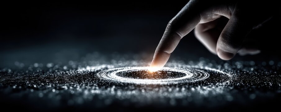 Finger touches a futuristic blue digital ring, creating glowing particles and circular ripple pattern - Powered by Adobe