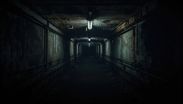 Dimly lit corridor in an abandoned Soviet bunker, exploring isolation