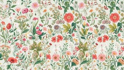 Seamless botanical design featuring garden flowers for use in fashion textiles and wallpaper, vibrant spring theme