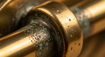 Close Up Golden Brass with Green Patina Metal Oxidized Surface Vintage Material Detail Texture Pattern Abstract Shiny Old