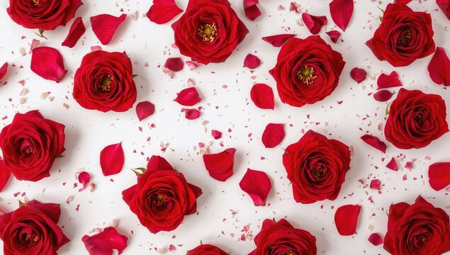 Isolated white backdrop featuring red roses and scattered petals