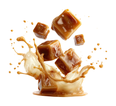 Caramel splash action kitchen food dynamic viewpoint isolated on transparent background