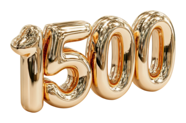 Golden 1500 balloon numbers displayed at event bright environment isolated on transparent background