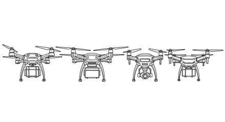 Row of drones quadcopter technology aerial photography surveillance aerial vehicle set vector