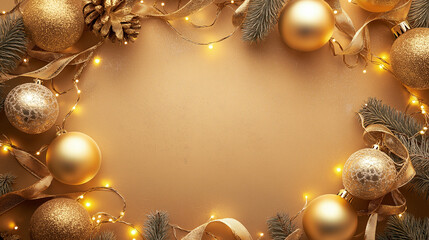 Elegant golden Christmas ornaments and warm string lights frame a festive holiday celebration
