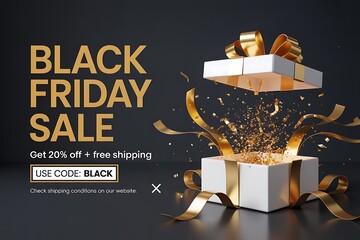 Golden black friday sale announcement with an exploding gift box revealing sparkling confetti and ribbons on a dark background