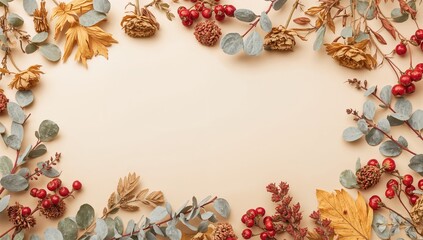 Seasonal display with dried blooms, eucalyptus foliage, and berries on a neutral background. Theme of harvest, fall season, and gratitude celebration. Empty space, overhead shot, animated style