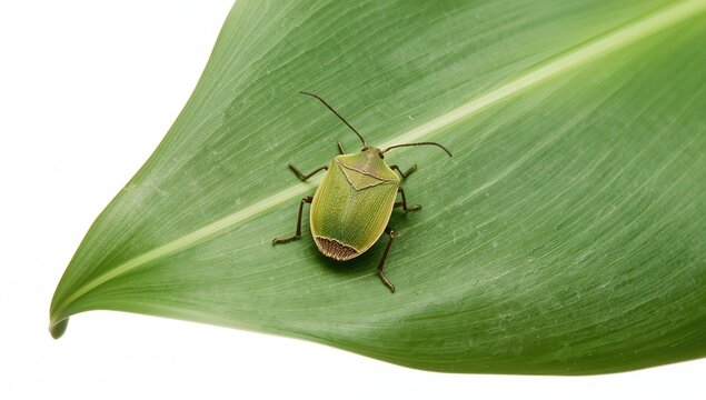 A vibrant green and brown shield bug from the Pentatomidae family resting on a lush tropical leaf