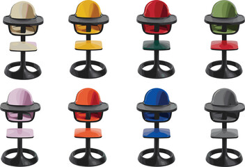 Modern baby high chairs set, colorful toddler feeding seats, sleek infant furniture collection, isolated vector illustration for parenting, childcare, product design, marketing