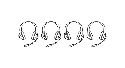 Four professional headsets with microphones arranged in a row for communication and gaming vector