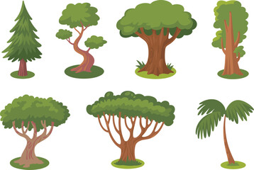 Tree illustrations set, diverse tree shapes, forest elements, botanical design, seasonal foliage, nature icons, vector trees, landscape assets, eco-friendly graphics