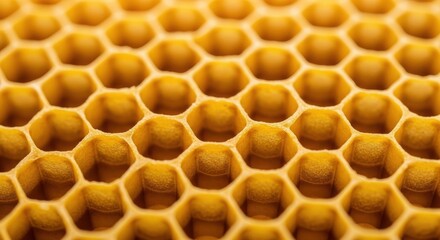 Honeycomb Macro: Golden Yellow Beeswax Structure with Geometric Hexagonal Cells Detail