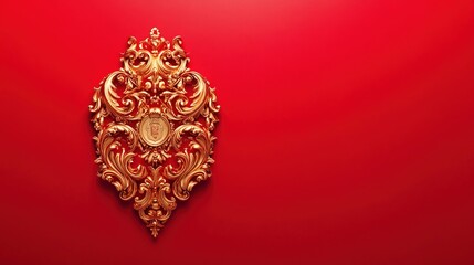 privilege. An intricate gold-embossed heraldic crest on a deep crimson background. event programs, museum guides, designed for cultural heritage projects and event programs.