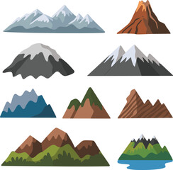Mountain range vector set, stylized peaks, geological formations, snow-capped summits, volcanic shapes, sediment layers, nature landscape icons, outdoor terrain illustrations