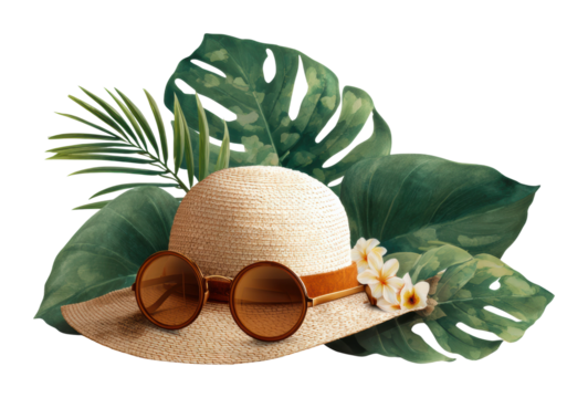 Relaxing summer vibes hat and sunglasses tropical isolated on transparent background