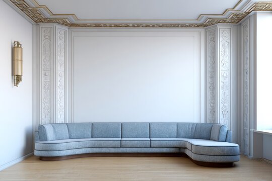 Elegant interior room displays a curved sectional sofa beneath ornate architectural detailing