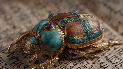 Ornamental Egyptian Beetle Turquoise Gold Ruby Hieroglyphic Ancient Manuscript Decorative Artifact Historical Craftsmanship For Design and Education
- Powered by Adobe