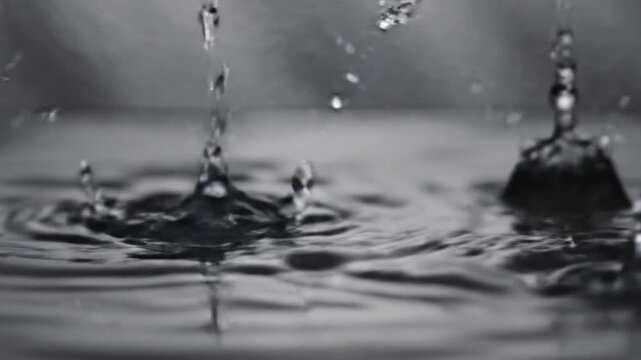 Monochrome Water Droplets Falling on Water Surface with Ripple Effect Under Soft Lighting Creating Serene Environment in Grey Background Optimized for Adobe Stock