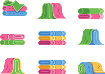 Colorful towel illustrations, folded and stacked, draped in various styles, vibrant bath linen set, home textile decor, organized bathroom essentials