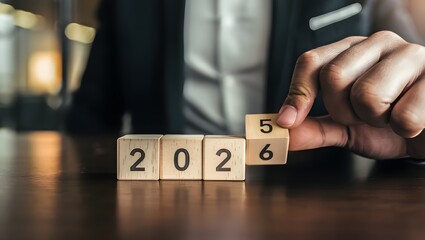 Transitioning from 2025 to 2026 with wooden blocks. Challenge target business for the upcoming year. Representing new year resolution, new beginnings, planning and success achievement.