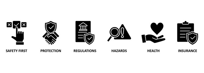 Banner work safety concept, hazards, protections, health and regulations with keywords and icons