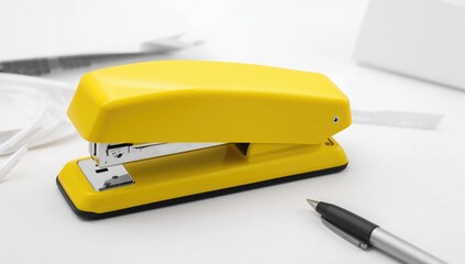 Yellow stapler of moderate size ready to bind papers