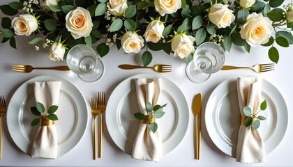Elegant table setting with white roses and gold cutlery for a special occasion