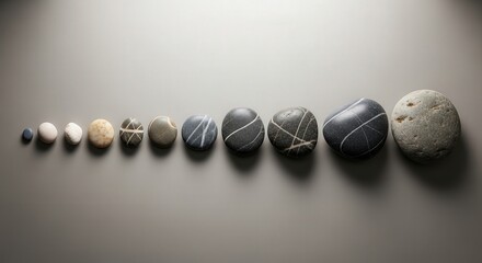 Collection of Smooth Stones Arranged in Gradient Order. Row of Pebbles in Ascending Sizes. Minimalist Stone Arrangement on Neutral Background. Nature Art