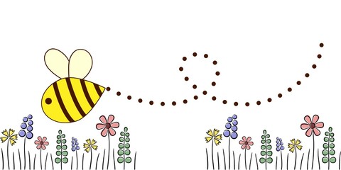 Cute Cartoon Bee Flying with Dotted Trail Over Flowers - 1