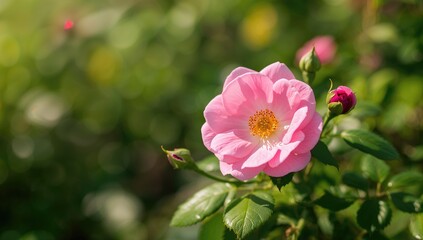 Obraz premium Flowering pink Japanese rose 'Kamtschatica', showcasing rich color and texture, seasonal change