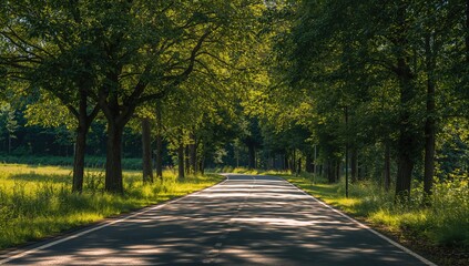 Summer forest road with green trees and grassy landscape under sunlight