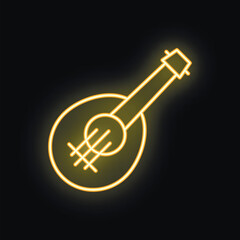 Glowing neon sign representing a mandolin, a stringed musical instrument, on a black background
