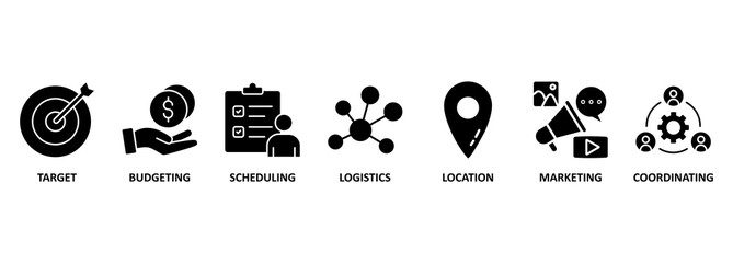 Banner event management concept vector illustration with icons